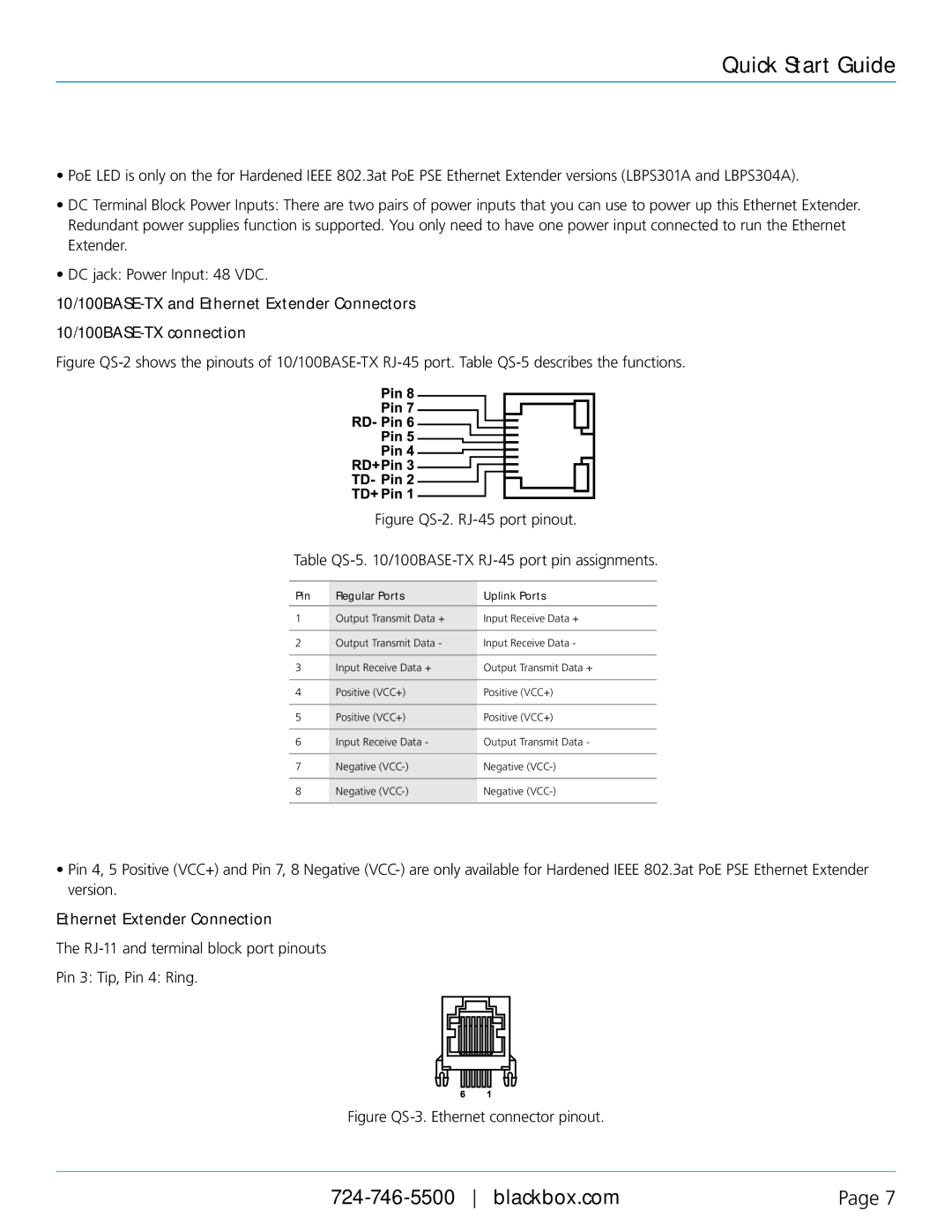 Black Box Hardened Ethernet Extender, LBPS301A, LBPS304A, LB304A user manual Figure QS-3. Ethernet connector pinout 