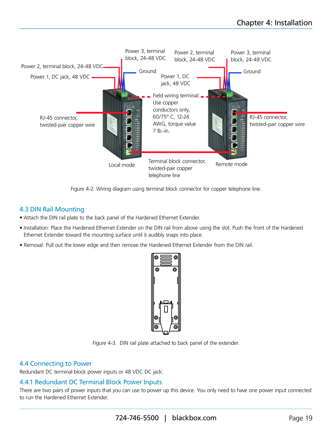 Black Box Hardened Ethernet Extender DIN Rail Mounting, Connecting to Power, Redundant DC Terminal Block Power Inputs 