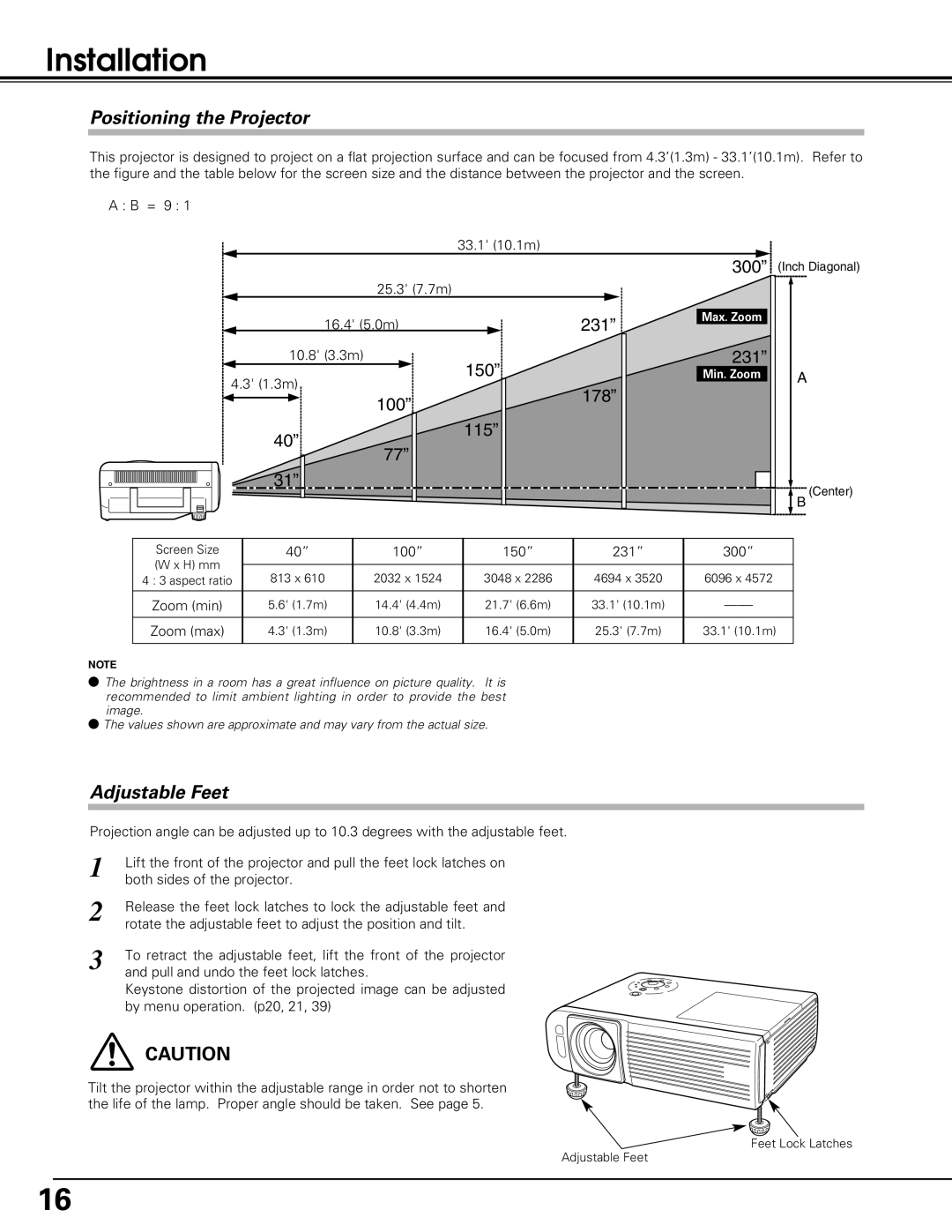 Black Box LC-XE10 instruction manual Installation, Positioning the Projector, Adjustable Feet 