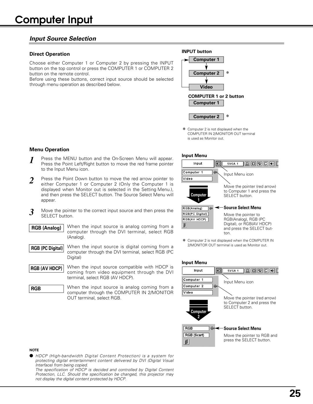 Black Box LC-XE10 instruction manual Computer Input, Input Source Selection, RGB Analog, Input Menu, Source Select Menu 