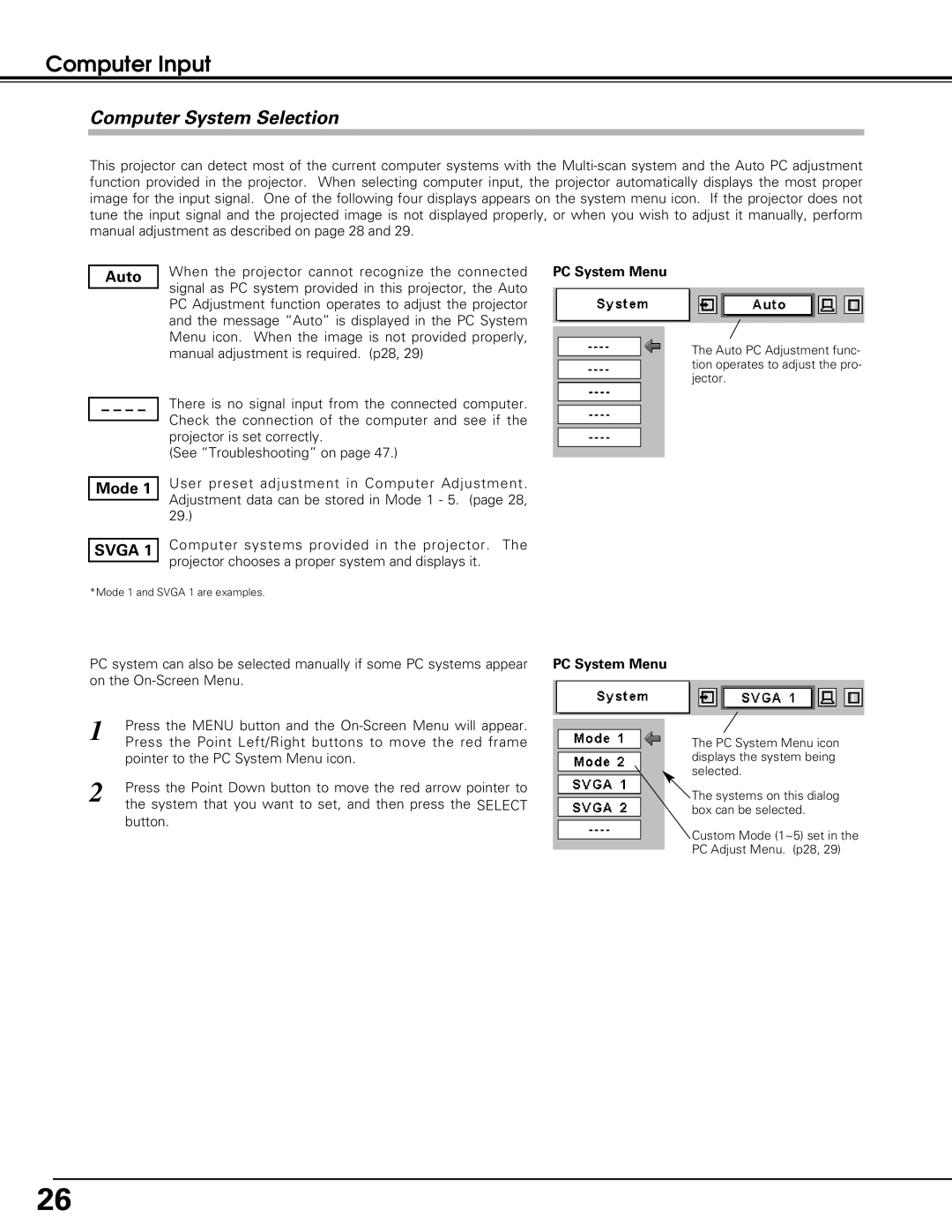 Black Box LC-XE10 instruction manual Computer Input, Computer System Selection, PC System Menu 