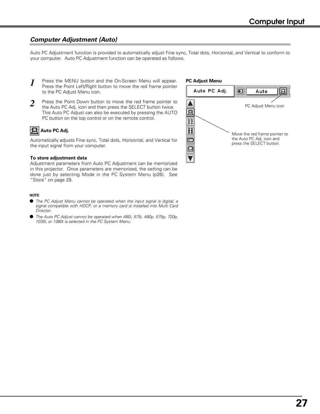 Black Box LC-XE10 instruction manual Computer Adjustment Auto, Computer Input, Auto PC Adj, To store adjustment data 
