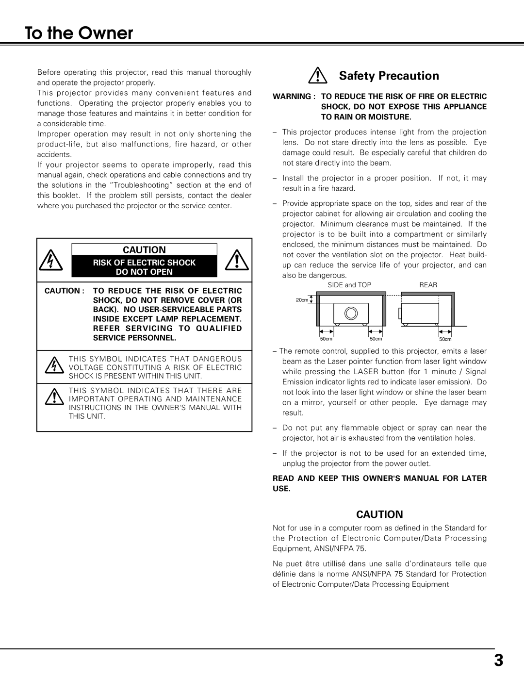 Black Box LC-XE10 instruction manual To the Owner, Safety Precaution, Risk Of Electric Shock Do Not Open 