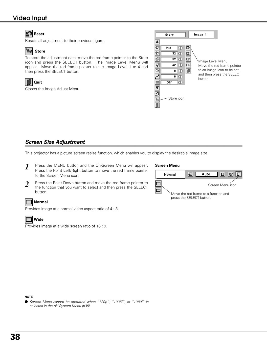 Black Box LC-XE10 instruction manual Video Input, Screen Size Adjustment, Reset, Store, Quit, Normal, Wide, Screen Menu 