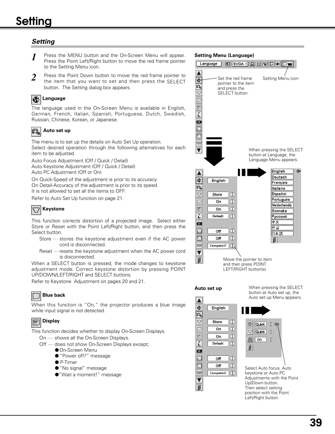 Black Box LC-XE10 instruction manual Auto set up, Keystone, Blue back, Display, Setting Menu Language 