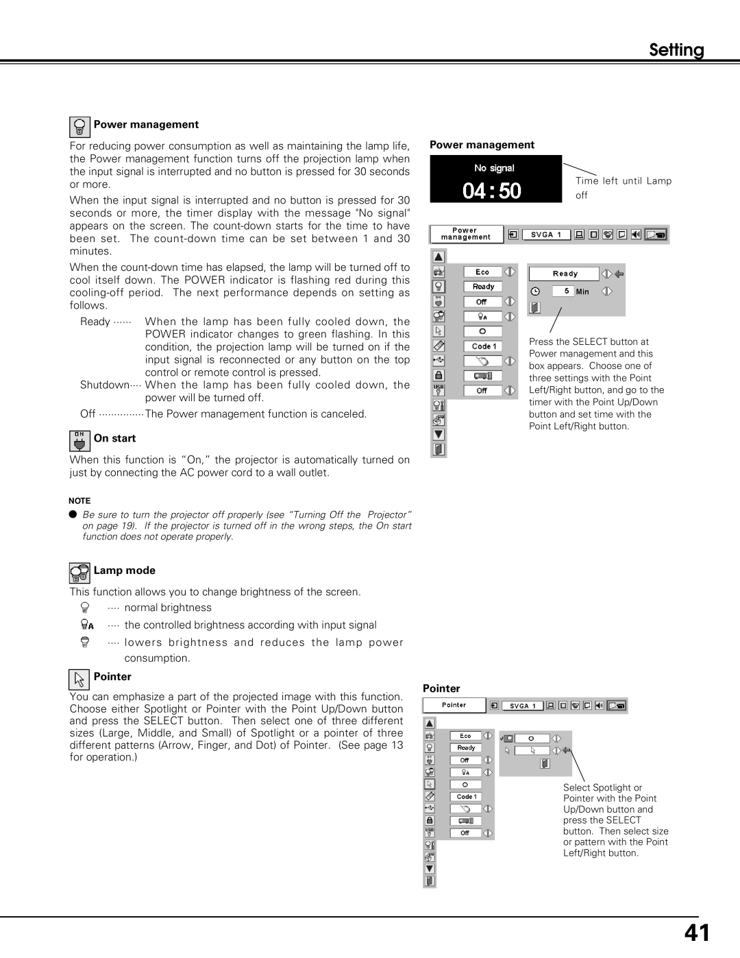 Black Box LC-XE10 instruction manual Setting, Power management, On start, Lamp mode, Pointer Pointer 