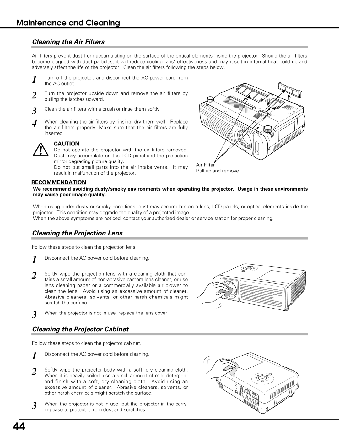 Black Box LC-XE10 instruction manual Maintenance and Cleaning, Cleaning the Air Filters, Cleaning the Projection Lens 