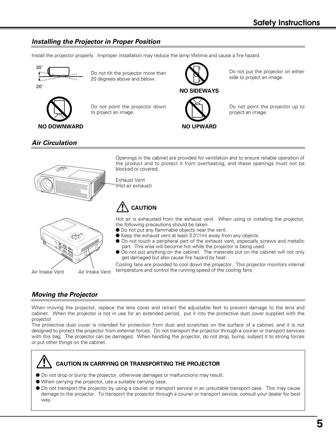 Black Box LC-XE10 Safety Instructions, Installing the Projector in Proper Position, Air Circulation, Moving the Projector 