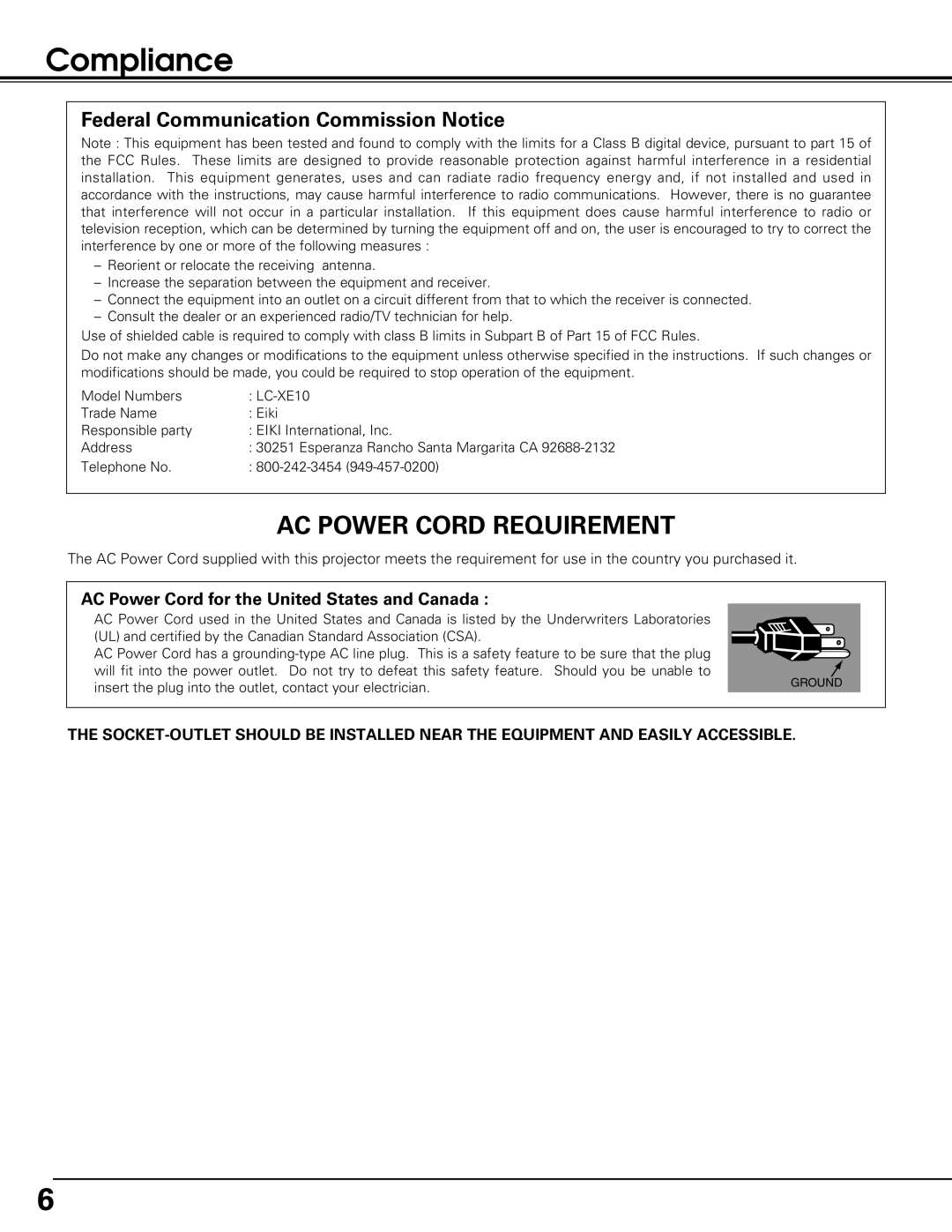 Black Box LC-XE10 instruction manual Compliance, Ac Power Cord Requirement, Federal Communication Commission Notice 