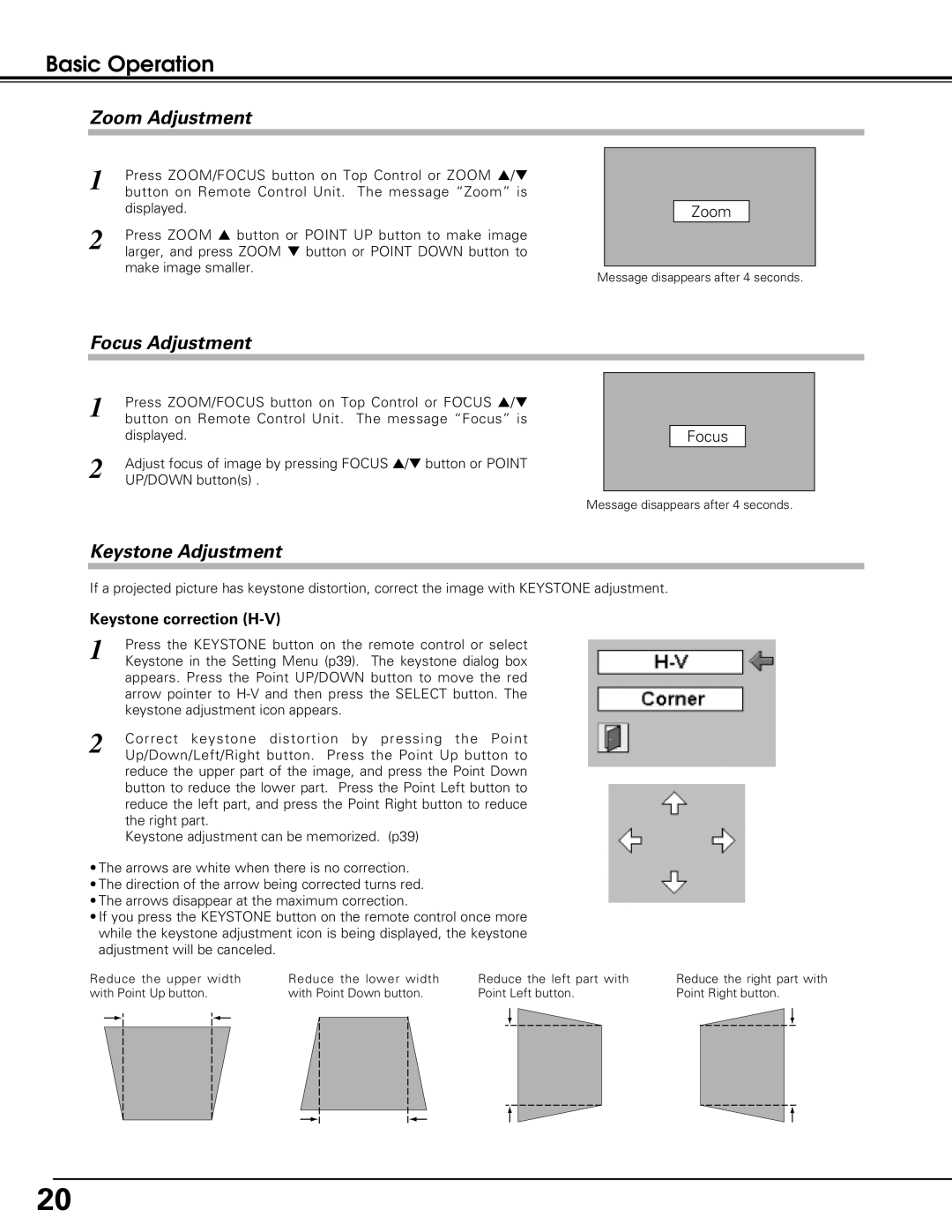 Black Box LC-XE10 Basic Operation, Zoom Adjustment, Focus Adjustment, Keystone Adjustment, Keystone correction H-V 