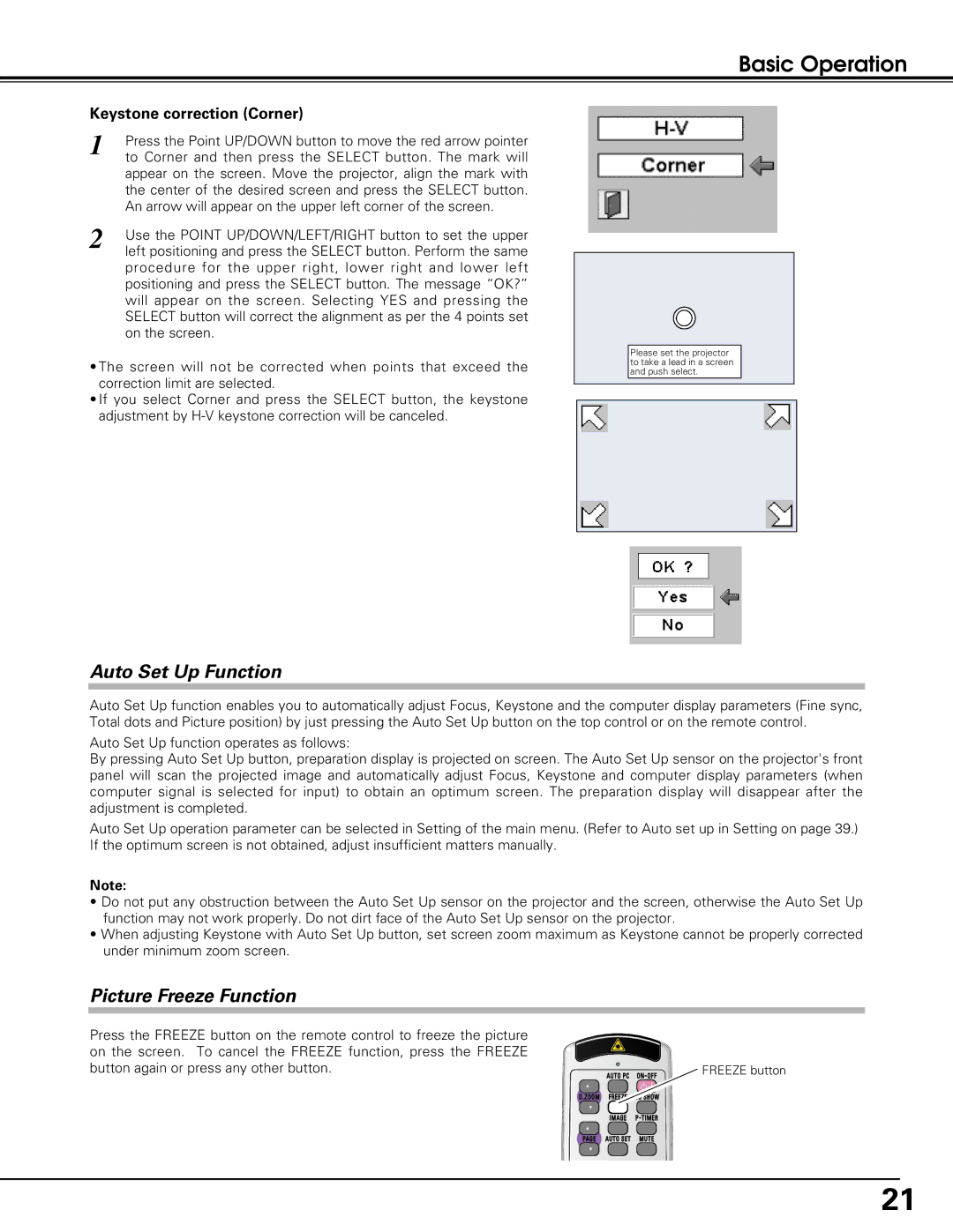 Black Box LC-XE10 instruction manual Auto Set Up Function, Picture Freeze Function, Keystone correction Corner 