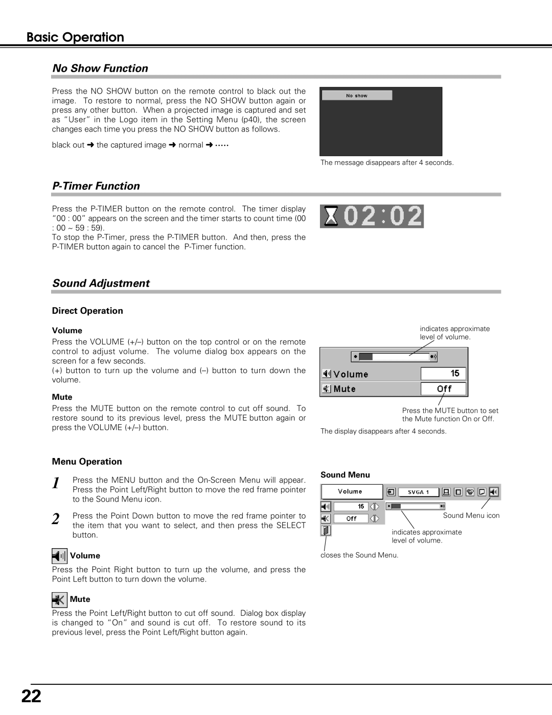 Black Box LC-XE10 instruction manual No Show Function, Timer Function, Sound Adjustment, Direct Operation, Menu Operation 