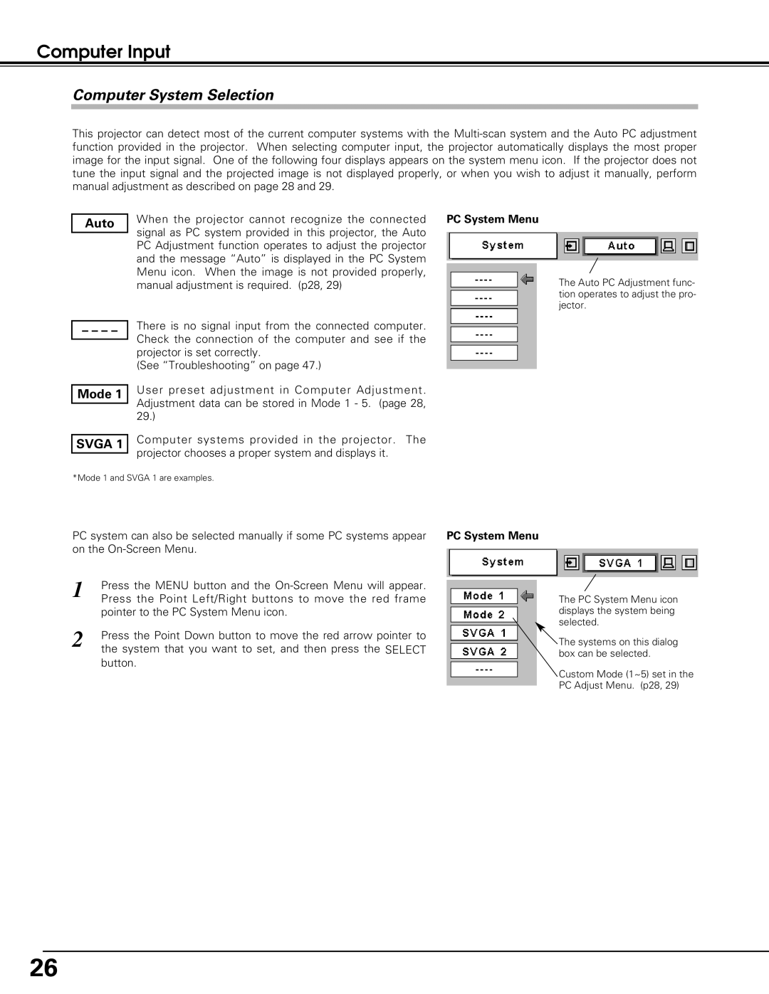 Black Box LC-XE10 instruction manual Computer Input, Computer System Selection, Auto, Mode, PC System Menu 