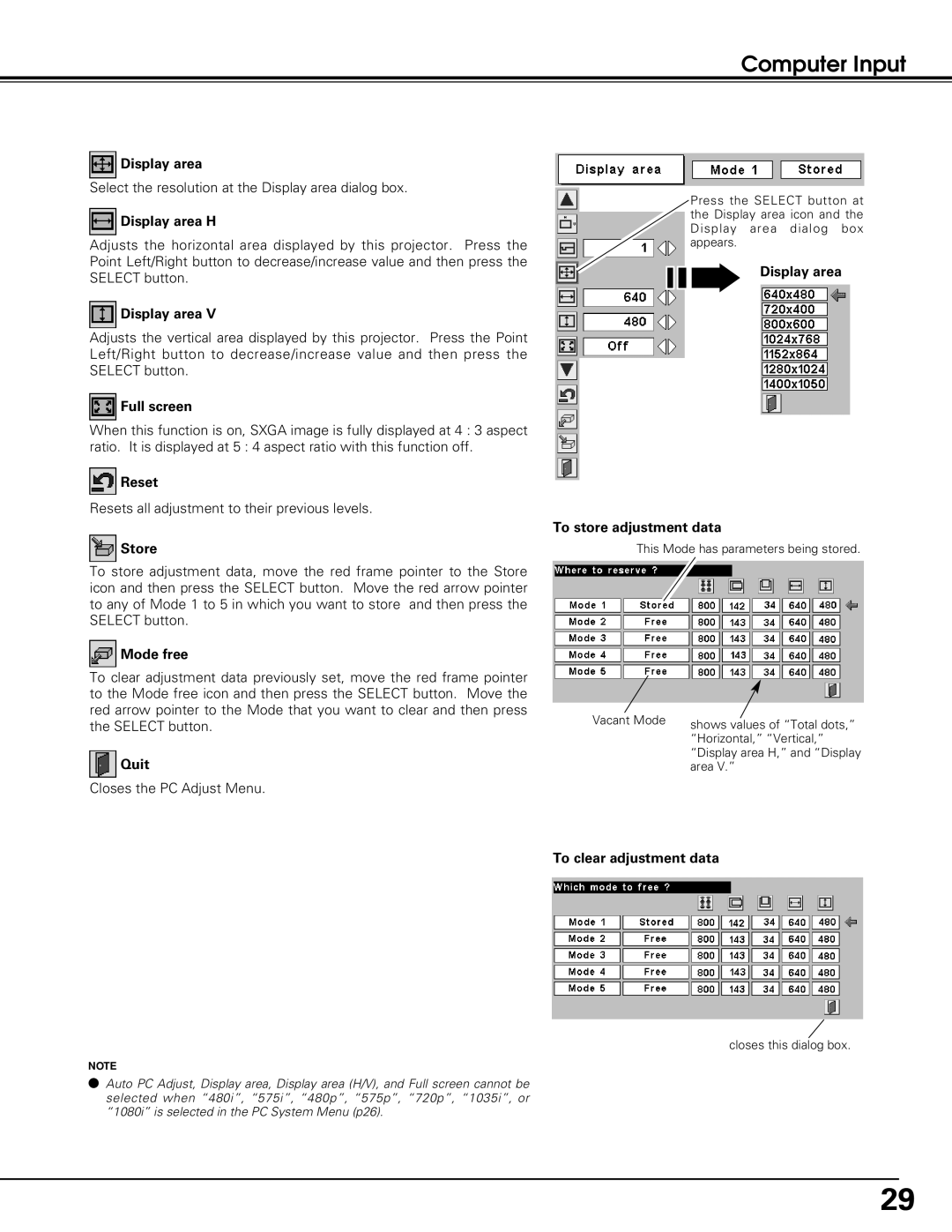 Black Box LC-XE10 Display area H, Full screen, Reset, Store, Mode free, Quit, Display area To store adjustment data 