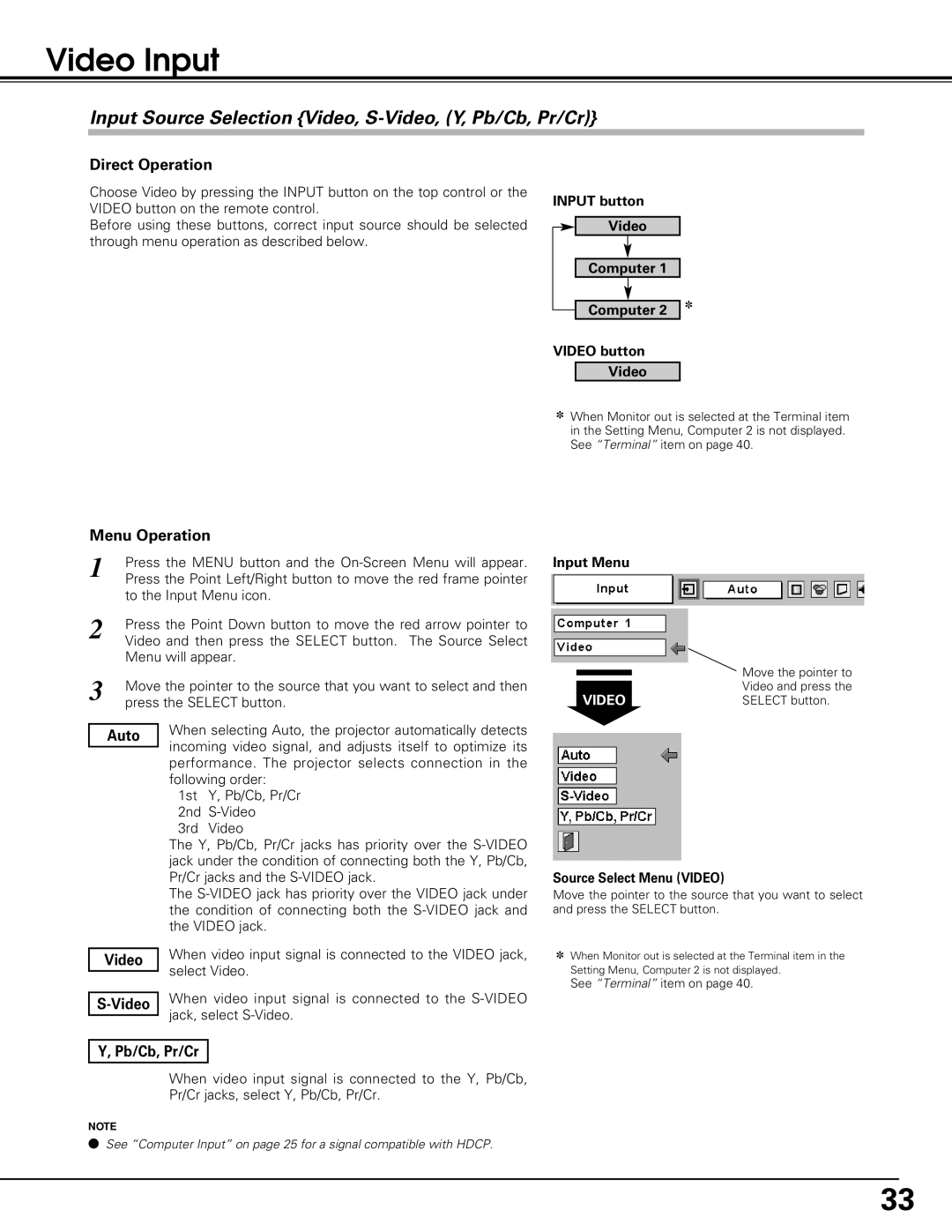 Black Box LC-XE10 instruction manual Video Input, Input Source Selection Video, S-Video, Y, Pb/Cb, Pr/Cr 