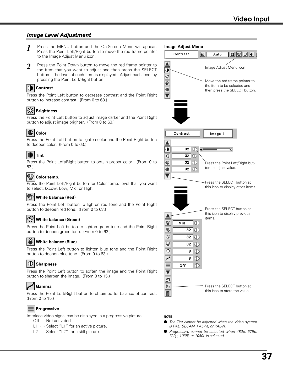 Black Box LC-XE10 instruction manual Color, Tint, Progressive 