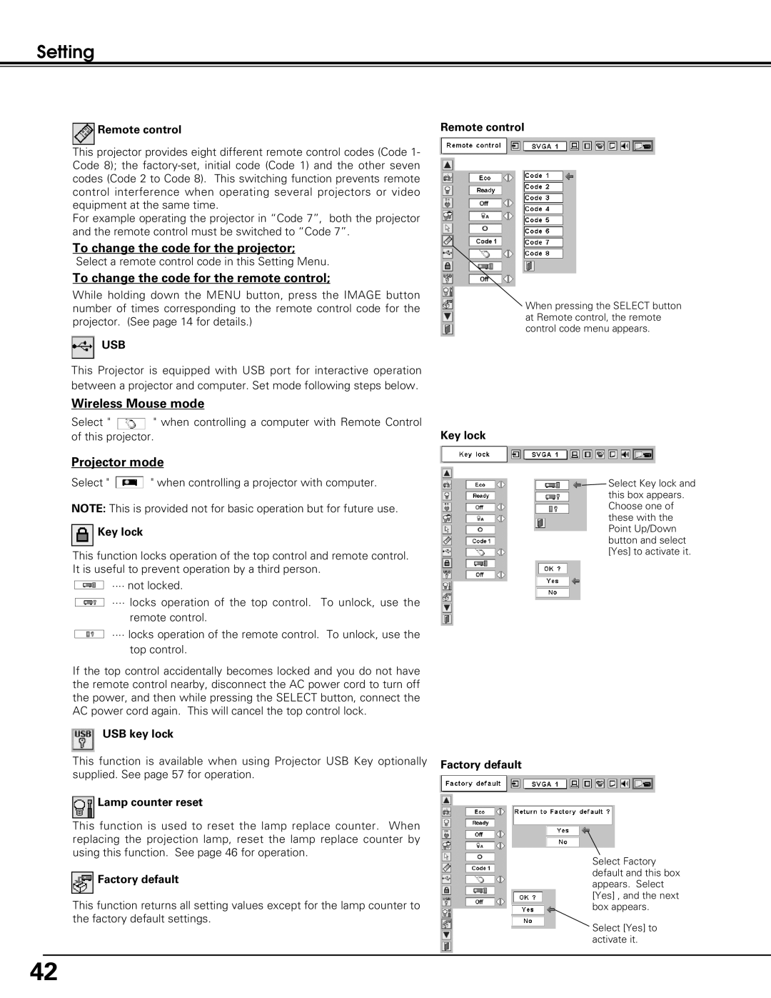 Black Box LC-XE10 To change the code for the projector, To change the code for the remote control, Wireless Mouse mode 