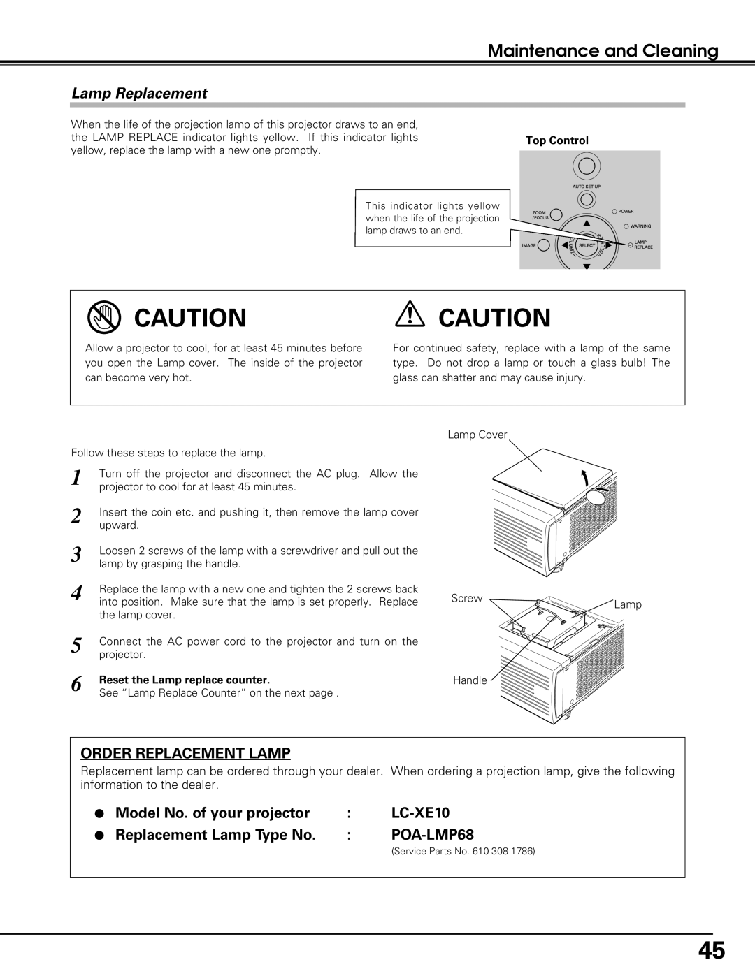 Black Box LC-XE10 instruction manual Lamp Replacement, Reset the Lamp replace counter 