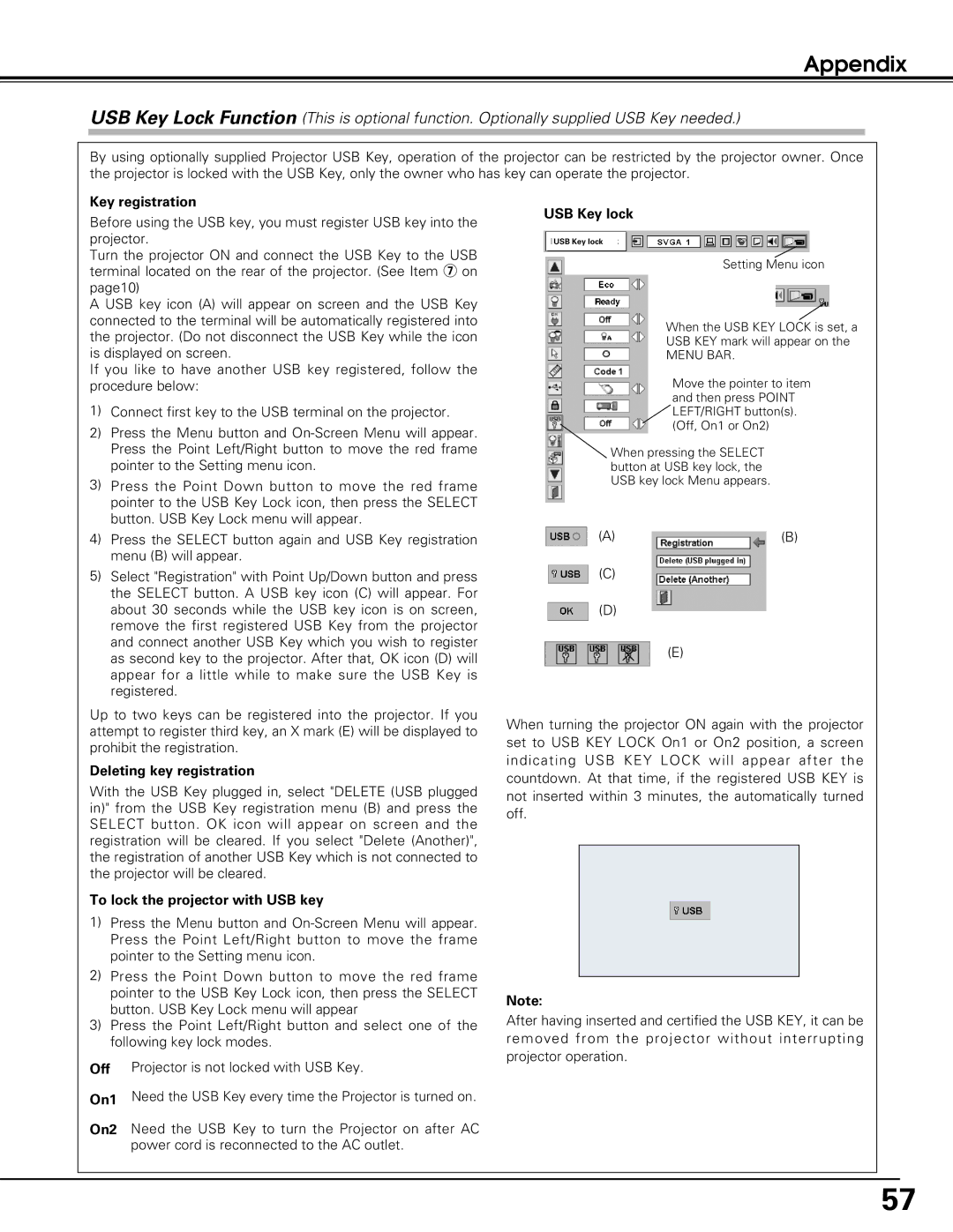 Black Box LC-XE10 instruction manual Key registration, Deleting key registration, To lock the projector with USB key 