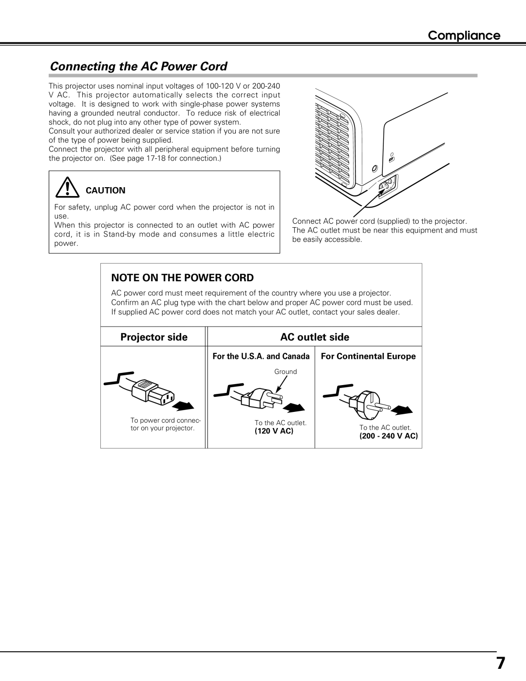 Black Box LC-XE10 instruction manual Compliance, For Continental Europe, For the U.S.A. and Canada, 200 240 V AC 