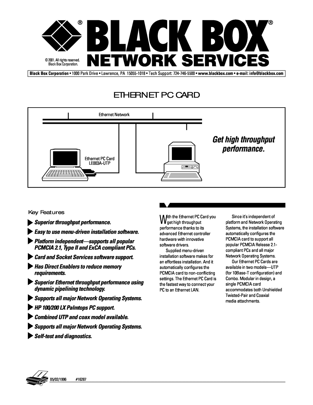 Black Box LE003A-UTP manual Ethernet Pc Card, Key Features, Get high throughput performance 