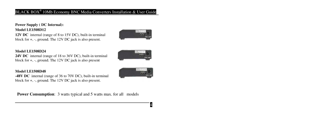 Black Box LE1502A-R3, LE1508AE, LE1502AE-R4 Power Supply DC Internal Model LE1508D12, Model LE1508D24, Model LE1508D48 