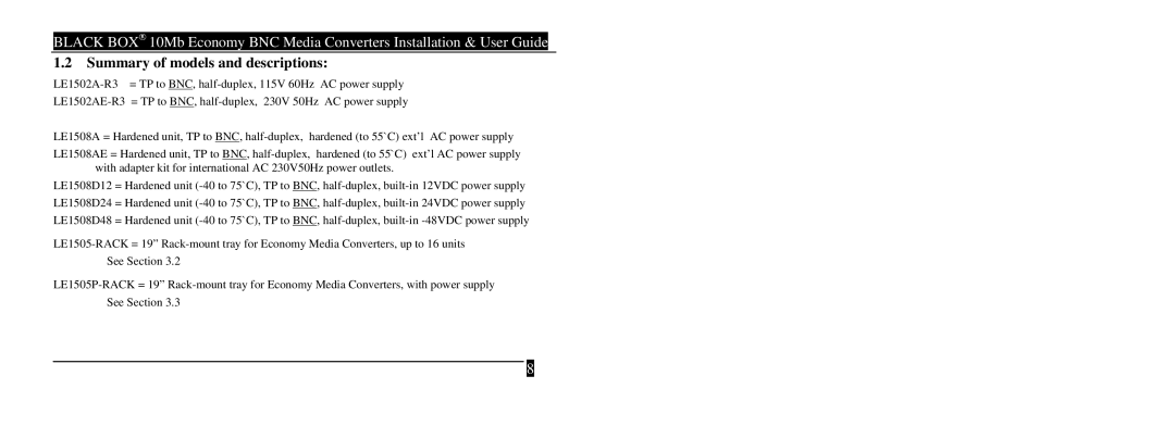 Black Box 10 mbps economy media converters, LE1502A-R3, LE1508AE, LE1502AE-R4 manual Summary of models and descriptions 