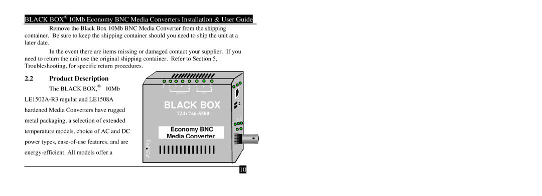 Black Box LE1502A-R3, LE1508AE, LE1502AE-R4, 10 mbps economy media converters manual Black BOX, Product Description 