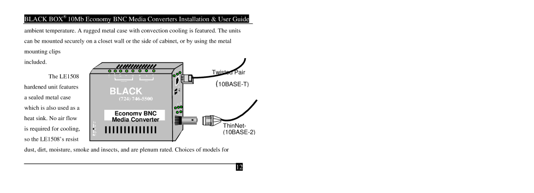 Black Box LE1502AE-R4, LE1502A-R3, LE1508AE, 10 mbps economy media converters manual Black 