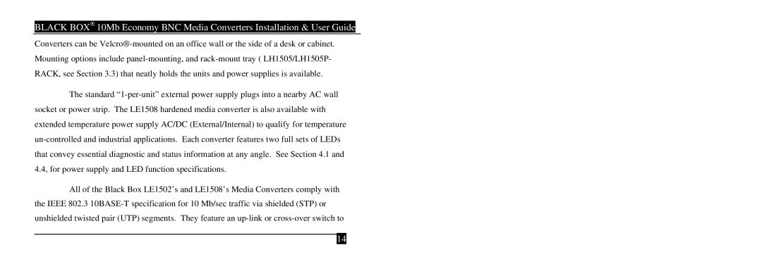 Black Box LE1502A-R3, LE1508AE, LE1502AE-R4, 10 mbps economy media converters manual 
