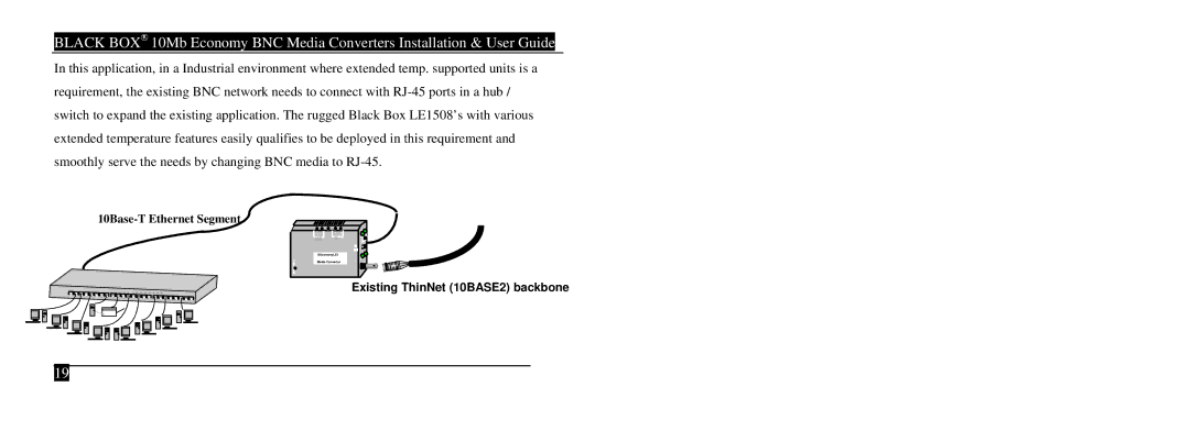 Black Box LE1502A-R3, LE1508AE, LE1502AE-R4, 10 mbps economy media converters manual Existing ThinNet 10BASE2 backbone 