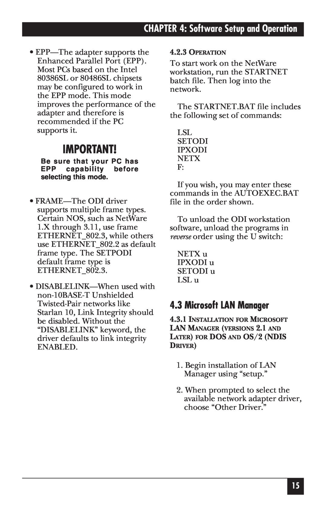 Black Box LE072A, LE172, LE075A-R2, LE076A Microsoft LAN Manager, LATER FOR DOS AND OS/2 NDIS, Software Setup and Operation 