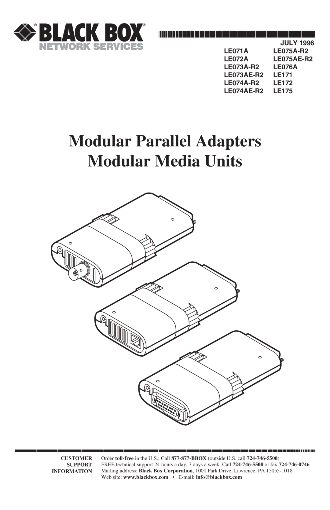 Black Box LE075A-R2, LE172, LE073AE-R2, LE074AE-R2, LE072A, LE075AE-R2 manual Modular Parallel Adapters Modular Media Units 