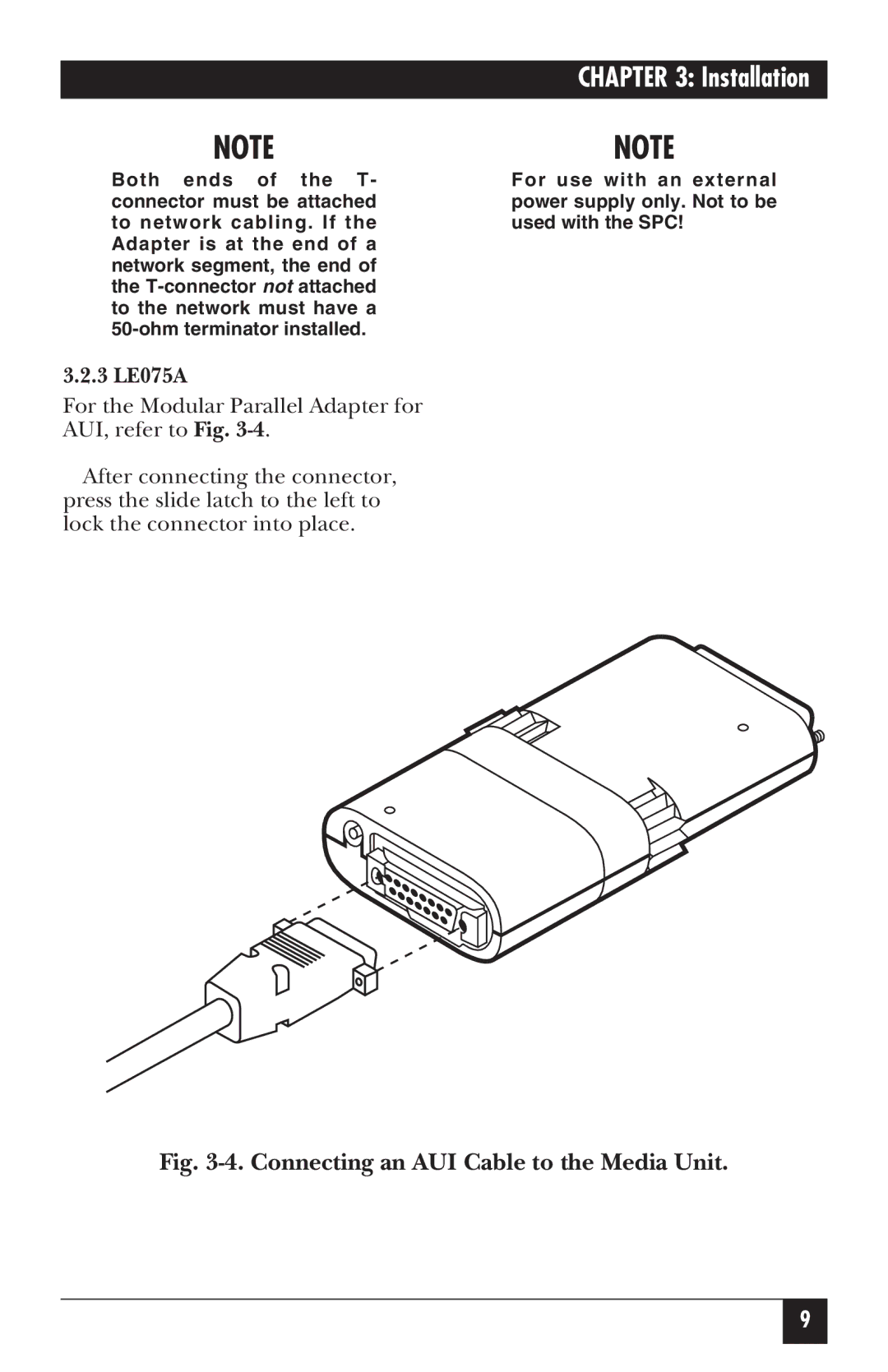 Black Box LE171, LE172, LE075A-R2, LE073AE-R2, LE074AE-R2, LE072A, LE076A Connecting an AUI Cable to the Media Unit, 3 LE075A 