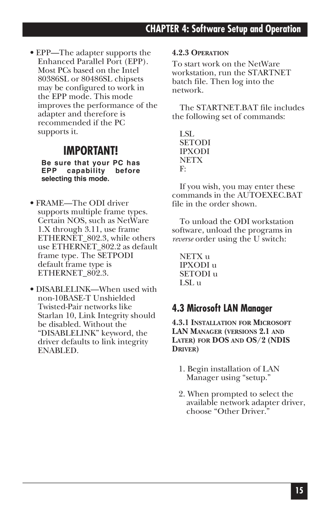 Black Box LE072A, LE172, LE075A-R2, LE073AE-R2, LE074AE-R2, LE075AE-R2 Microsoft LAN Manager, Enabled, LSL Setodi Ipxodi Netx 