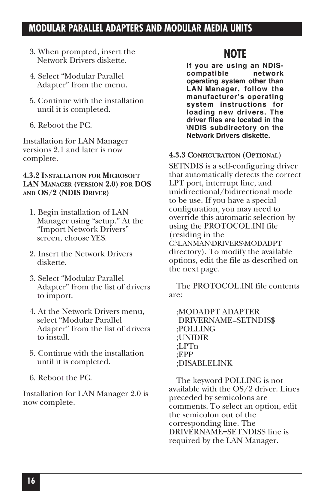 Black Box LE075AE-R2, LE172, LE075A-R2, LE073AE-R2, LE171 Modadpt Adapter DRIVERNAME=SETNDIS$ Polling Unidir, EPP Disablelink 