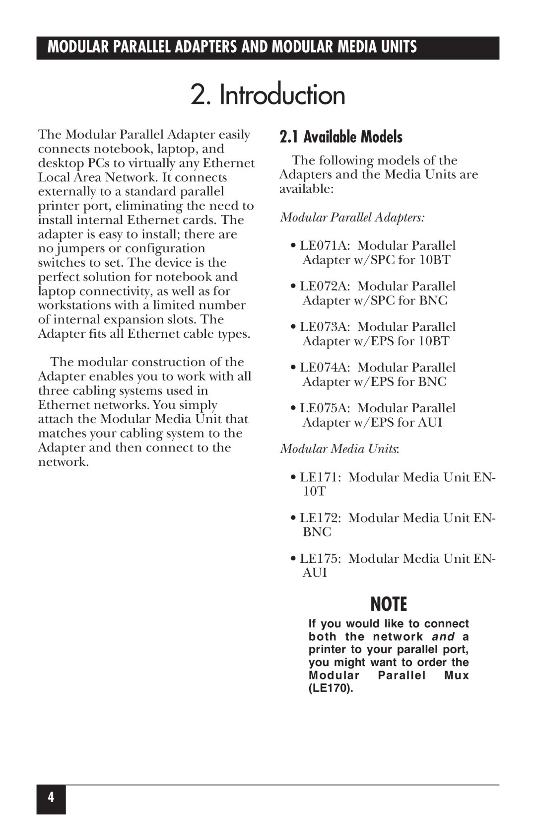 Black Box LE075AE-R2, LE172, LE075A-R2, LE073AE-R2, LE074AE-R2, LE072A, LE074A-R2 manual Introduction, Available Models, Bnc, Aui 
