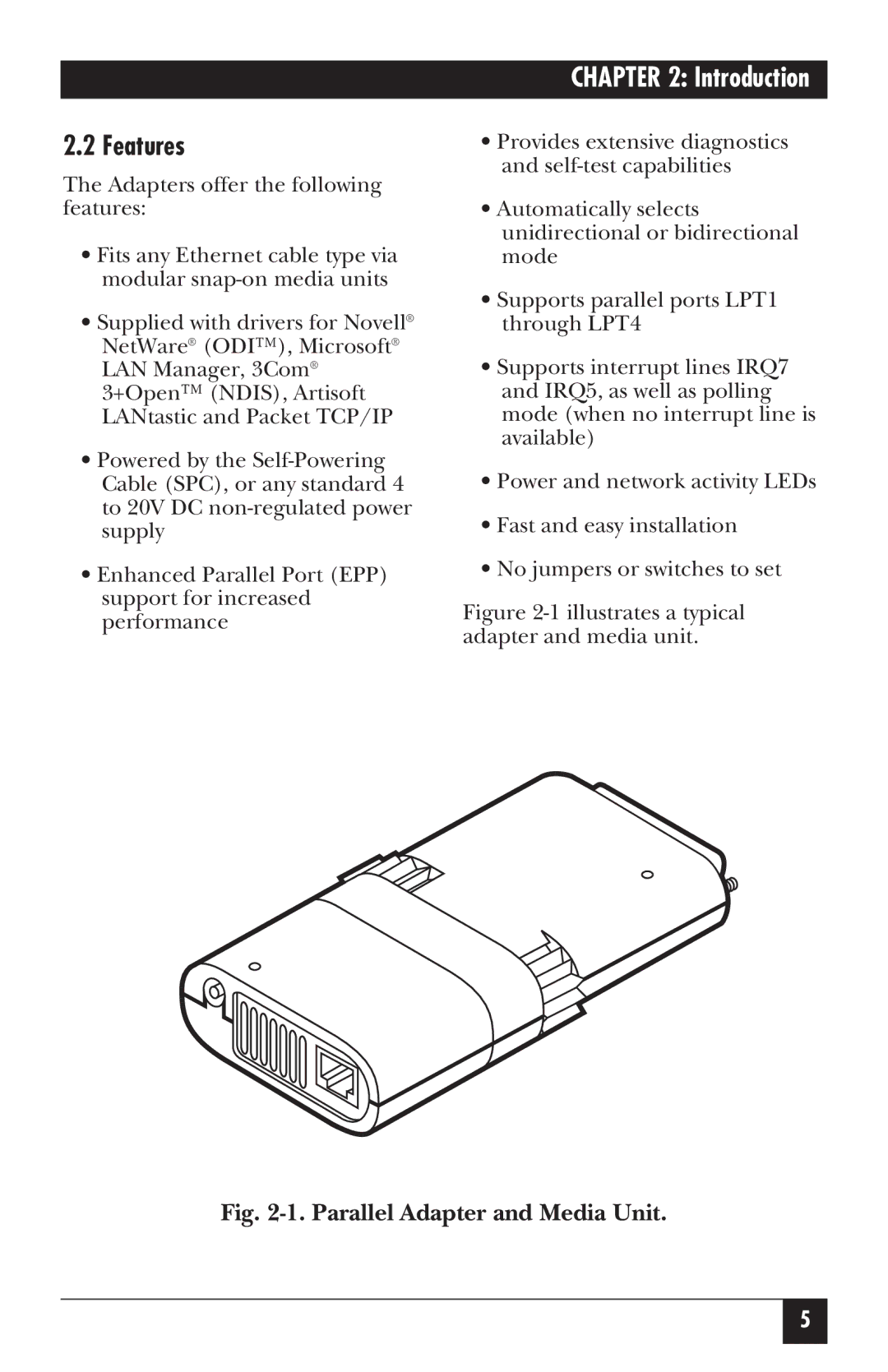 Black Box LE074A-R2, LE172, LE075A-R2, LE073AE-R2, LE074AE-R2, LE072A Features, Illustrates a typical adapter and media unit 