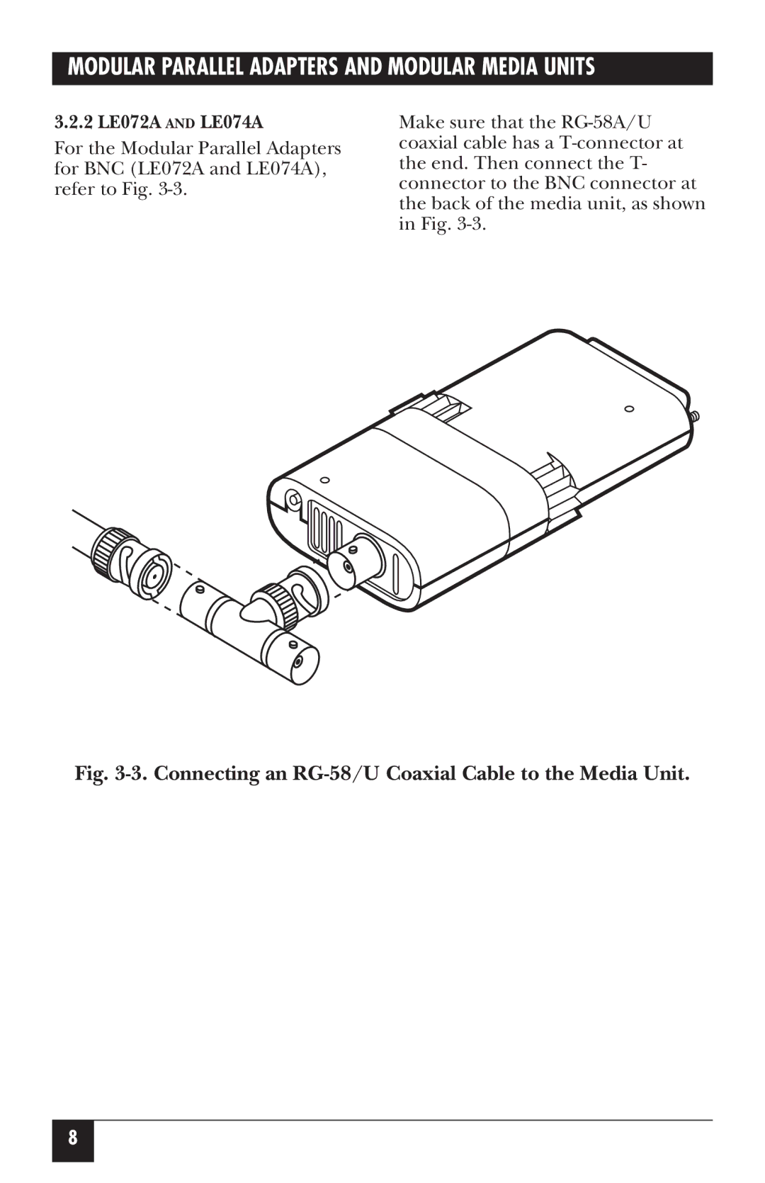 Black Box LE073A-R2, LE172, LE075A-R2, LE073AE-R2 Connecting an RG-58/U Coaxial Cable to the Media Unit, 2 LE072A and LE074A 