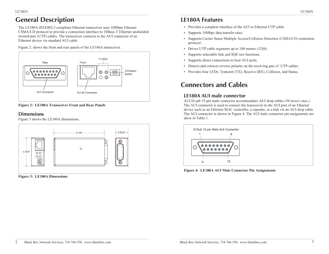 Black Box LE180A General Description, Co! nnectors and Cables, Dimensions, E180A AUI male connector 