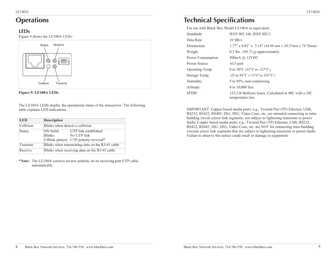 Black Box 10Base-T Transceiver Stand-Alone model, LE180A Operations, Technical Specifications, LEDs, Description 