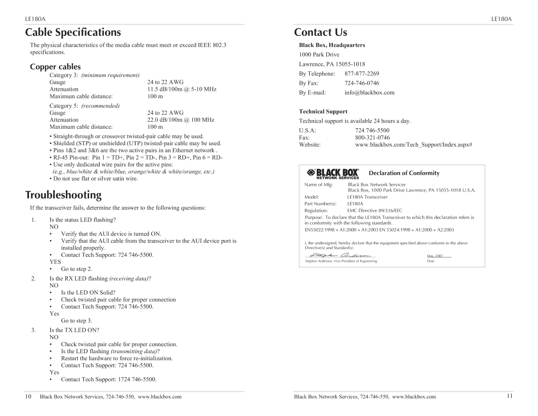 Black Box LE180A Cable Specifications, Troubleshooting, Contact Us, Copper cables, Declaration of Conformity 