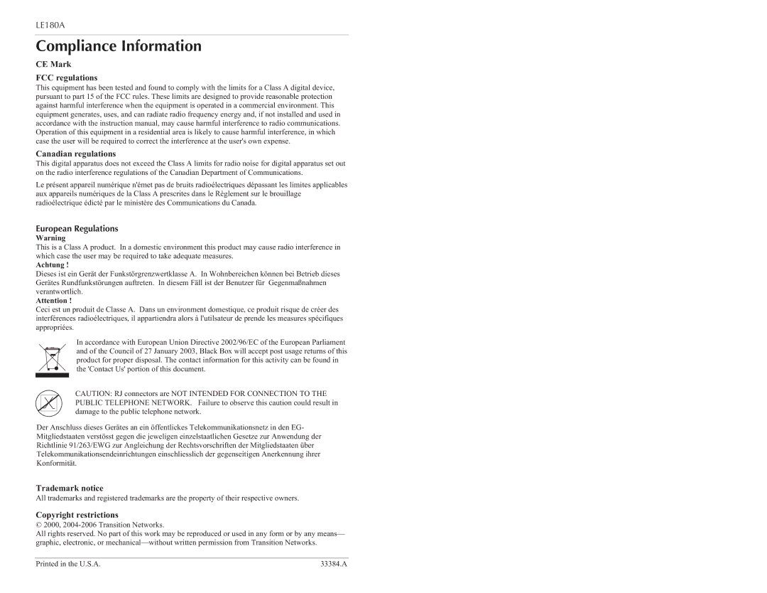 Black Box 10Base-T Transceiver Stand-Alone model Compliance Information, CE Mark FCC regulations Canadian regulations 