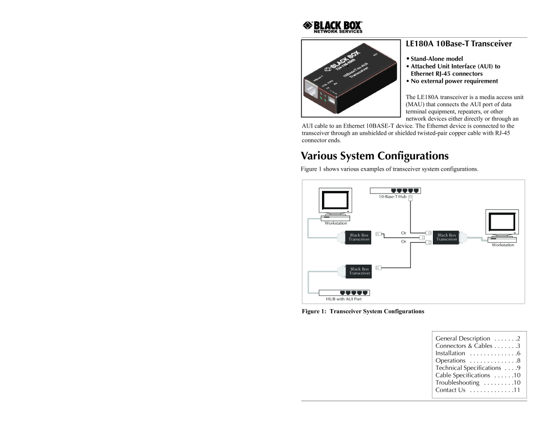 Black Box 10Base-T Transceiver Stand-Alone model, LE180A technical specifications Various System Configurations 