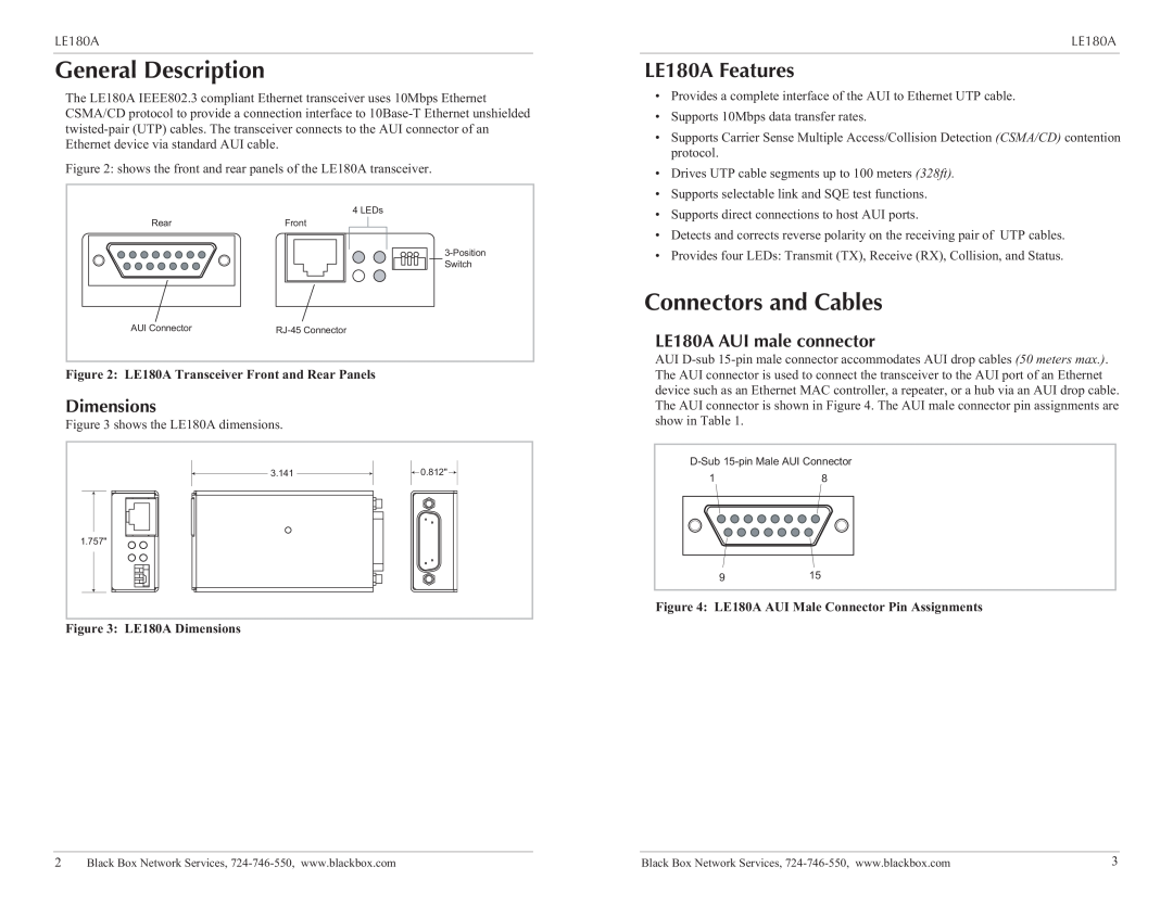 Black Box General Description, Co! nnectors and Cables, L!E180A AUI male connector, LE180A Dimensions 