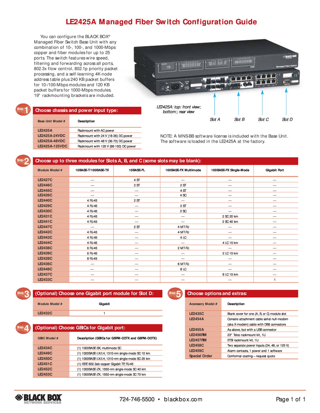 Black Box manual LE2425A Managed Fiber Switch Configuration Guide, Page 1 of, Choose chassis and power input type 