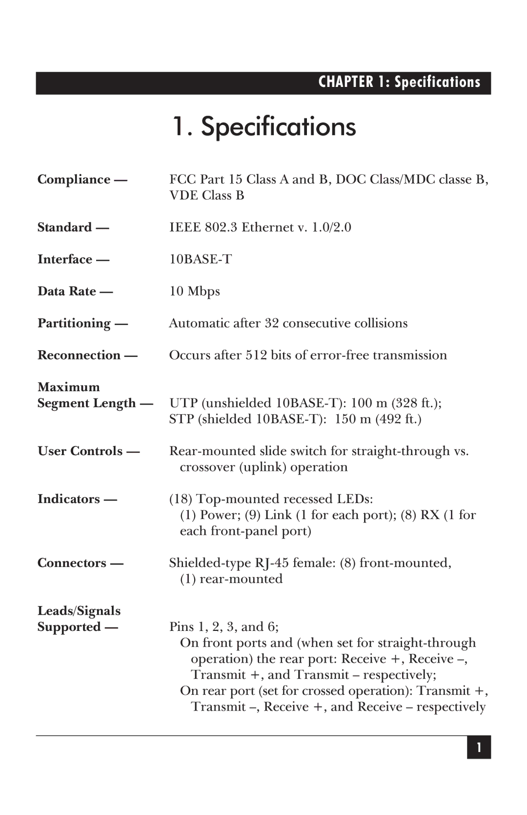 Black Box LE2690A manual Specifications, FCCVDEPartClass15BClassAandB,DOCClass/MDCclasseB 