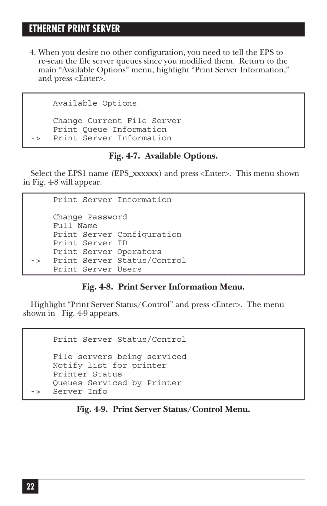 Black Box LE3700A-R2 manual Print Server Information Menu 