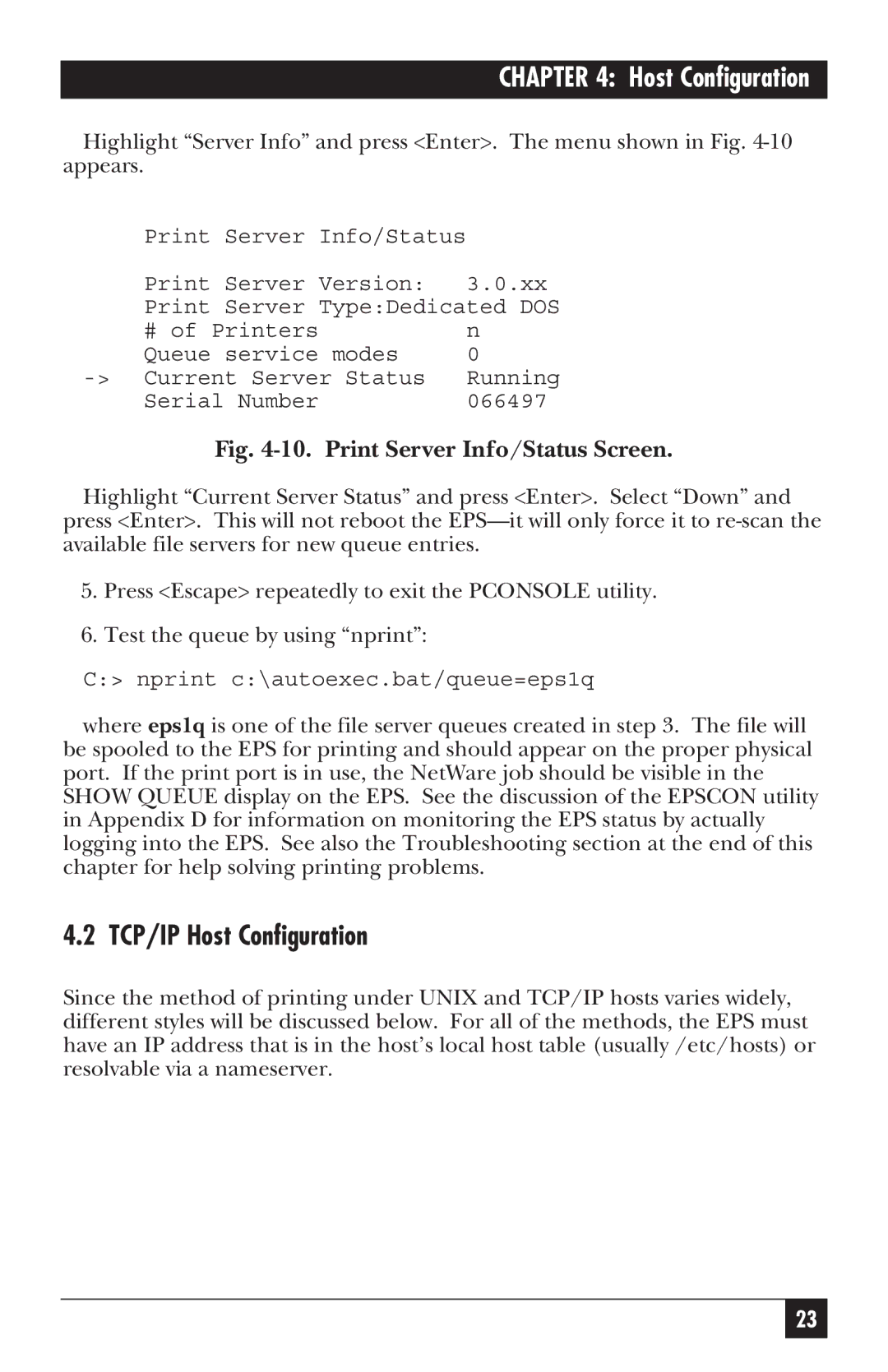 Black Box LE3700A-R2 manual TCP/IP Host Configuration, Print Server Info/Status Screen 