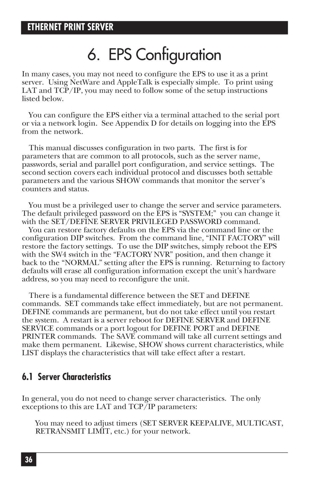 Black Box LE3700A-R2 manual EPS Configuration, Server Characteristics 